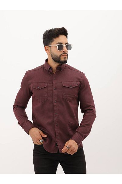 cliento Men's Burgundy Denim Shirt - Slim Fit with Lycra and Pockets