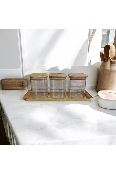 Enyaza Home 3-Piece Bamboo Square Jar Set - with Stand and Spice Bowl