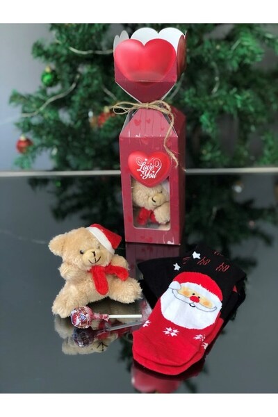Desenor Concept Özel Kutuda Yılbaşı Hediyesi Ayıcık Lolipop Şekerli Anahtarlık Ve Baskılı Çorap Karışık Desendir.