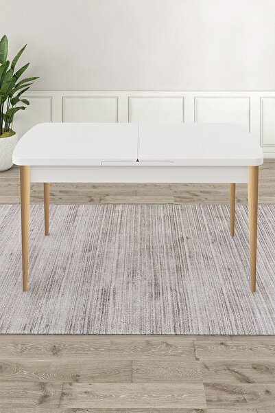 Canisa Roz Serisi 80x132 Mdf Beyaz Doğal Ahşap Ayaklı Masa Takımı Ve 6 Su Yeşili Sandalye