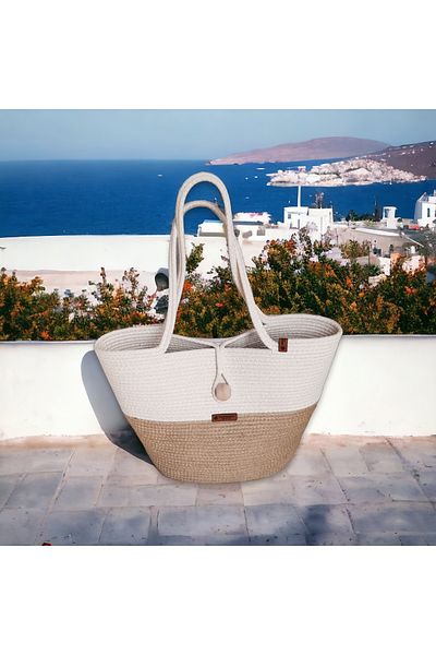 HandmadeSNM Ψάθινη τσάντα παραλίας - Τσάντα χειρός και μπράτσου