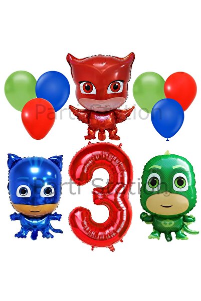 Parti Station Pijamaskeliler 3 Yaş Kırmızı Rakam Balon Set Pjmasks Konsept Ba...
