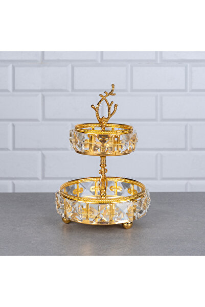 Hinora Stoned Mirrored Round 2 Tiers Crystal Presentation Bowl Snack Plate 12X12X17Cm Mini Size