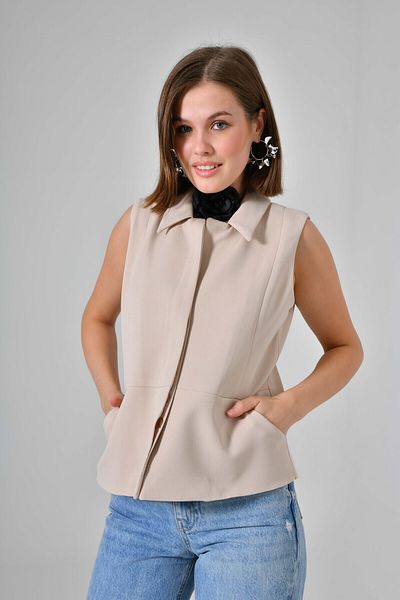 Saade Stone Hidden Closure Shirt Collar Pocket Vest