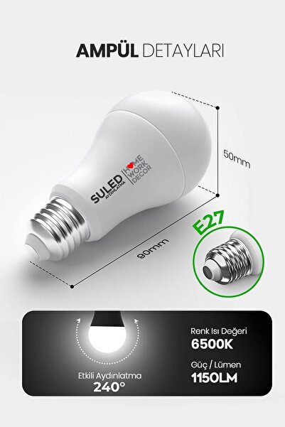 SULED Tasarruflu Led Ampül 10'lu Paket 15w Güçlü Aydınlatma Smd Led Beyaz Işık 6500k E27 Standart Lamba