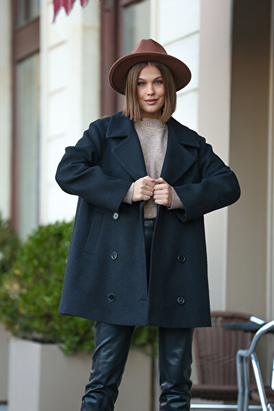 Saade Siyah 4 Düğme Kapama Oversize Kaşe Kaban