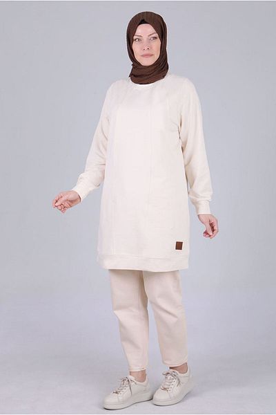 Moda Rosa 25K2053 - Vanilla - Plus Size Hijab Two Thread Embroidered Basic Tunic