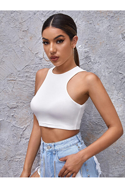 Liona White Color Halter Neck Plain Patternless Lycra Slim Fit Crop Top Blouse