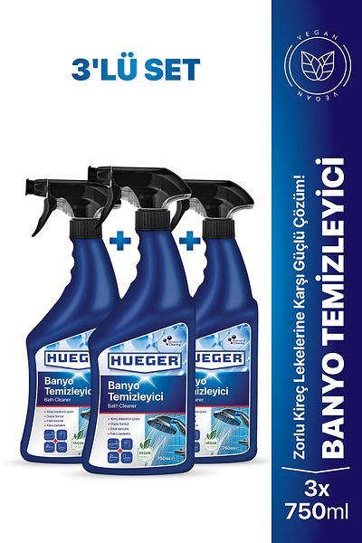 Hueger Vegan Bathroom Cleaner – Strong Limescale and Dirt Remover Set of 3 with Foam & Spray Head 2250 ml