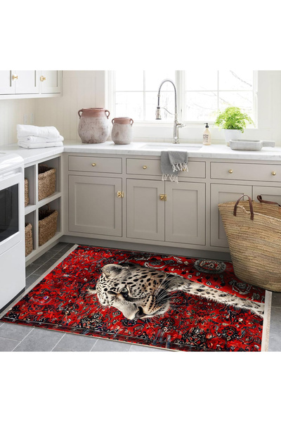 Rugs Modern Halı Efe Koleksiyonu Kırmızı Temalı Leopar ve Eskitme Desenli Dok...