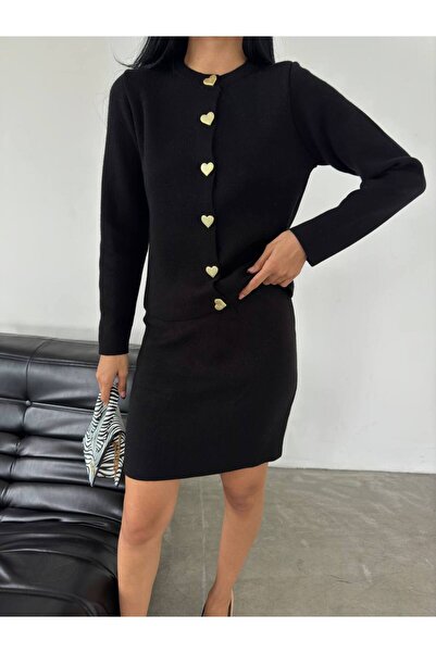 Lusin Women's Black Gold Heart Button Detailed Cardigan Skirt Double Knitwear Set