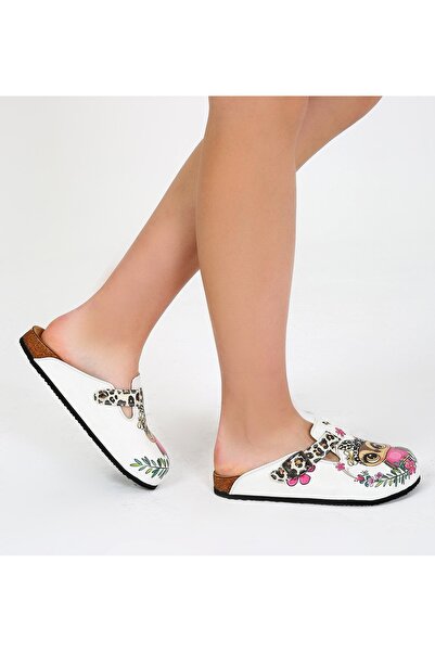 Goby Baykuş ve Leopar Desen Baskılı Burnu Kapalı Beyaz Sabo Kadın Terlik