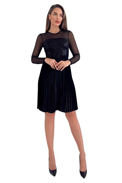 Moda Amore Kadın Elbise - Omuz ve Kollar Tül Detaylı Payetli ve Piliseli Siyah Midi Boy 028