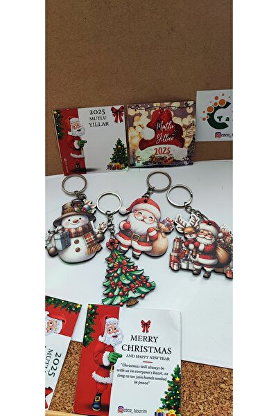 cacatasarım Yılbaşı Figürleri Ahşap UV Baskı Anahtarlık veya Çanta Süsü Karış...