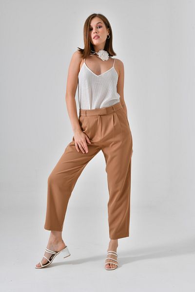 Saade Camel Double Pleated Regular Woven Trousers