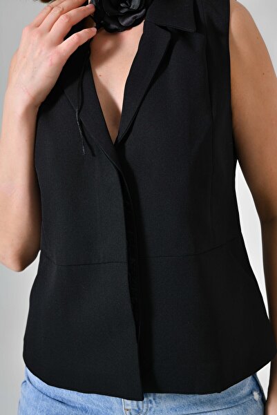 Saade Siyah Gizli Kapama Gömlek Yaka Cepli Yelek