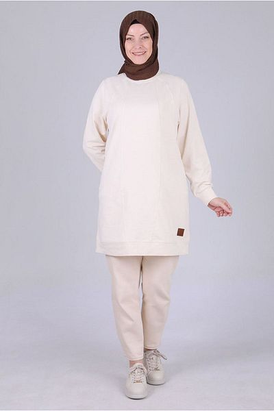 Moda Rosa 25K2053 - Vanilla - Plus Size Hijab Two Thread Embroidered Basic Tunic