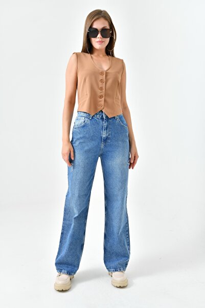 Saade Втален плетен елек с копчета и неподплата Kamel