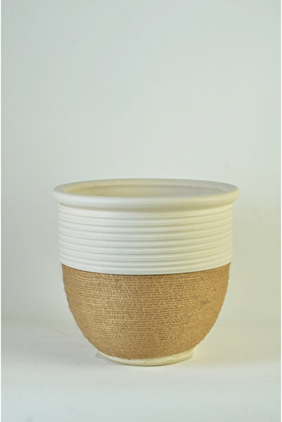 Rizzo Home El Yapımı Beyaz Seramik Dekoratif Saksı – Jüt Detaylı, 24 Cm