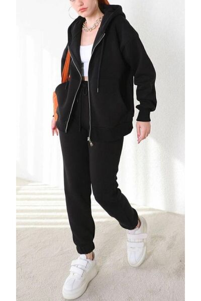 LAND MODA Σετ γυναικεία αθλητική φόρμα εξωτερικού χώρου με κουκούλα με φερμουάρ χοντρό χειμώνα