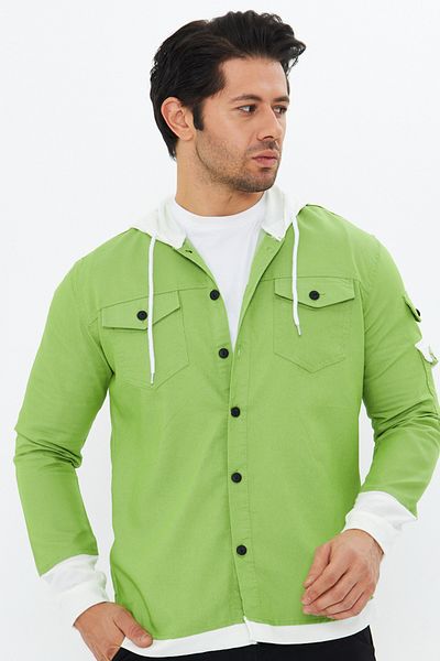 Oyga Men's Slim Fit Tight Fit Combed Cotton Hooded Double Pocket Cotton Denim Shirt