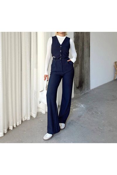 WASSO Crepe Fabric Line Pattern High Waist Pants Vest Set