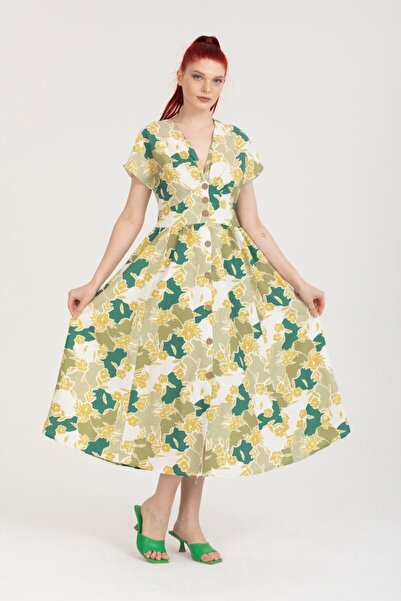 Reji Floral Print Button-Down Short Sleeve Linen Dress