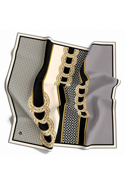 VİOLLA Φουλάρι 90x90 με γεωμετρικό σχέδιο Twill Χρυσό Ασημί Χρώμα Μεταξωτό Φουλάρι