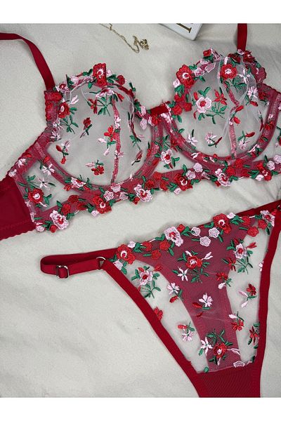 ROZENİN LINGERIE New Year's Gift Red Tiny Floral Underwire Cupless Tulle Bra Set
