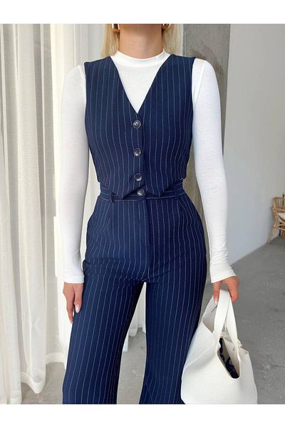 WASSO Crepe Fabric Line Pattern High Waist Pants Vest Set