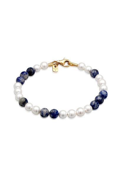 KUZZOI Armband Kuzzoi Armband Herren Achat Perlen Blau Muschelkern Perlen 925 Sterling Silber vergoldet Fest