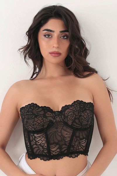 Brandpanty Bustieră crop top pentru femei cu imprimeu floral din tul negru - fără bretele și cu sârmă 5630082 -Chole