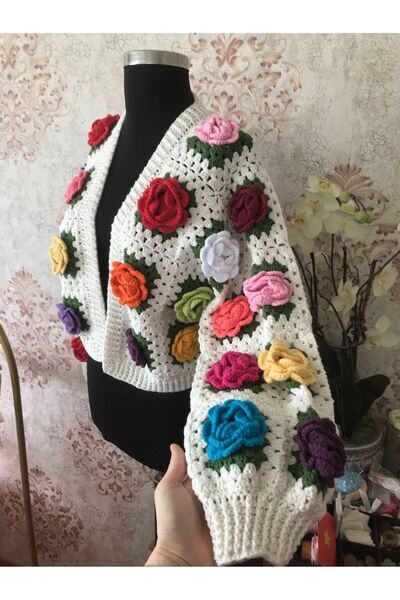 El örgüsü Rose Motif Crochet Women's Cardigan