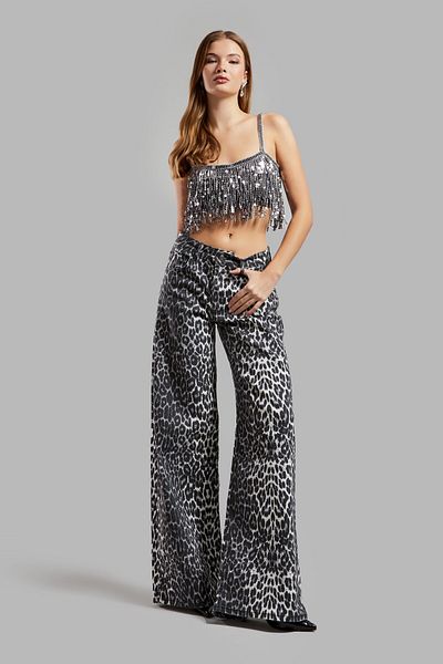 its basic Black and White Leopard Print Palazzo Fabric - W426 Mid Waist Denim
