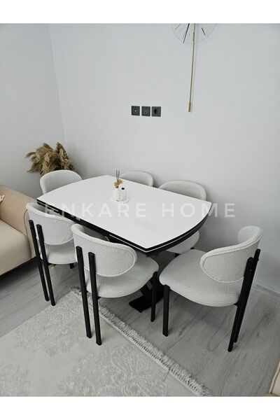 Enkare X Ayaklı Gloss Masa Teddy Kumaş Badem Sandalye, Açılır Mdf Masa Takımı 6 Kişilik