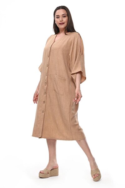 Ebsumu Γυναικείο φόρεμα με κουμπιά ώμου με κουμπιά, λινό, βιζόν