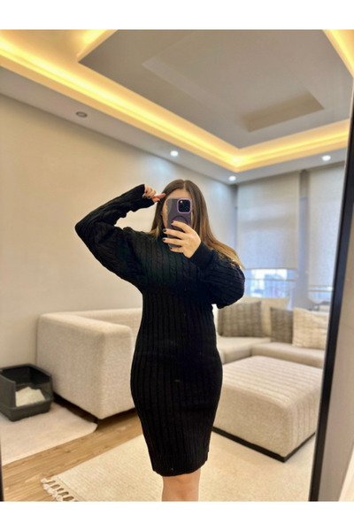 BERNEO Kadın Saç Örgü Desen Kazaklı Triko Elbise-Kazak