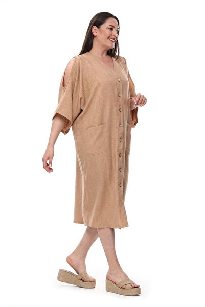 Ebsumu Γυναικείο φόρεμα με κουμπιά ώμου με κουμπιά, λινό, βιζόν