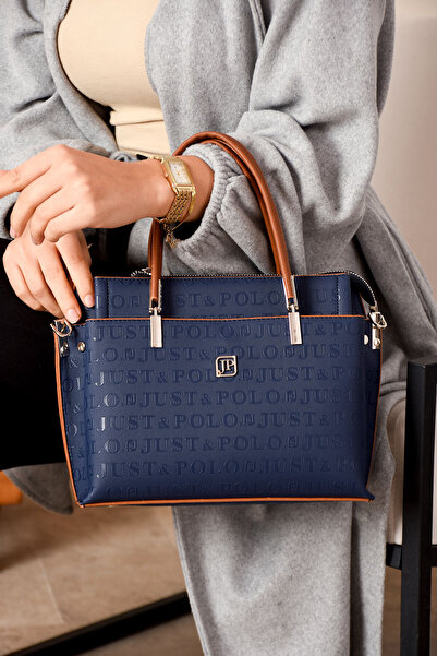 Just Polo JP Women's Navy Blue Tan Camel 5 Compartment Embossed Printed Hand ...