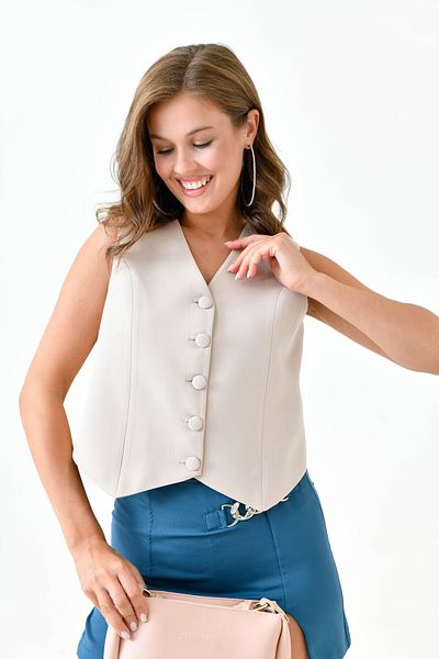 Saade ButtoneD Stone Color Woven Vest