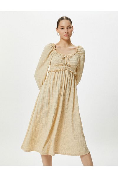 Koton Textured Maxi Dress - Long Sleeve, Gipe Detail and Ruffle Applique