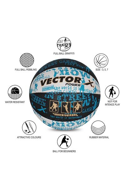Vector X Power Basketball | Size 5 | Black, White, Blue | Rubber | Water Resistant | For Men & Boys