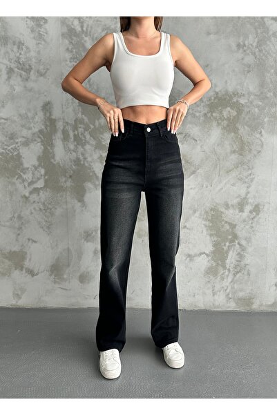 Linarose Kadın Bol Kesim Boru Paça Likralı Palazzo Jean Pantolon