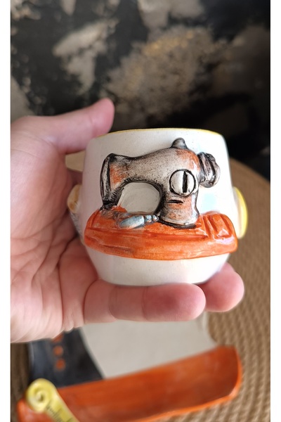 Gül Nakkaş Seramik Dikiş makinalı tasarım el yapımı seramik Türk kahve fincan...