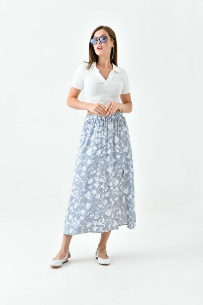 Saade Mavi A Form Beli Lastikli Yırtmaçlı Dokuma Etek