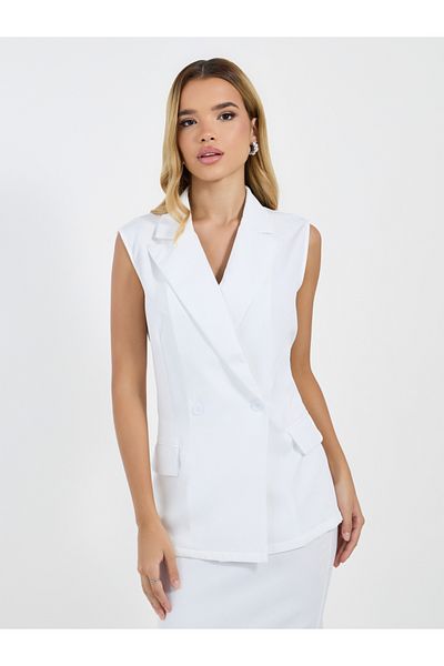 Styli Solid Sleeveless Notch Label Collar Blazer with Wrap Details