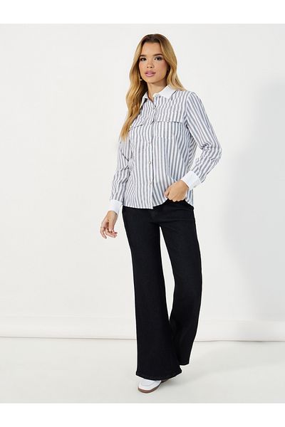 Styli Striped Front Chest Pocket Shirt with Contrast Collar and Cuff Detail