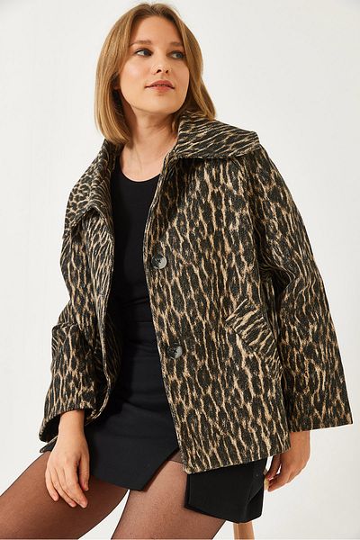 Bianco Lucci Gefütterte Damenjacke mit Fledermausärmeln und Leopardenmuster 60261171
