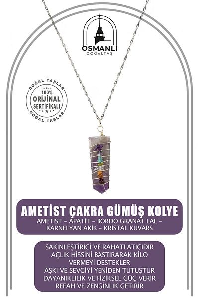 OSMANLI DOĞAL TAŞ Silver Necklace Amethyst, Apatite, Burgundy Garnet, Carnelian Agate, Crystal Quartz