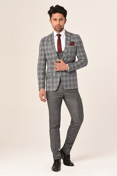 AGUSTİNİ Agustini - Gray PlaidSlimFit Pointed Collar Suit with Vest